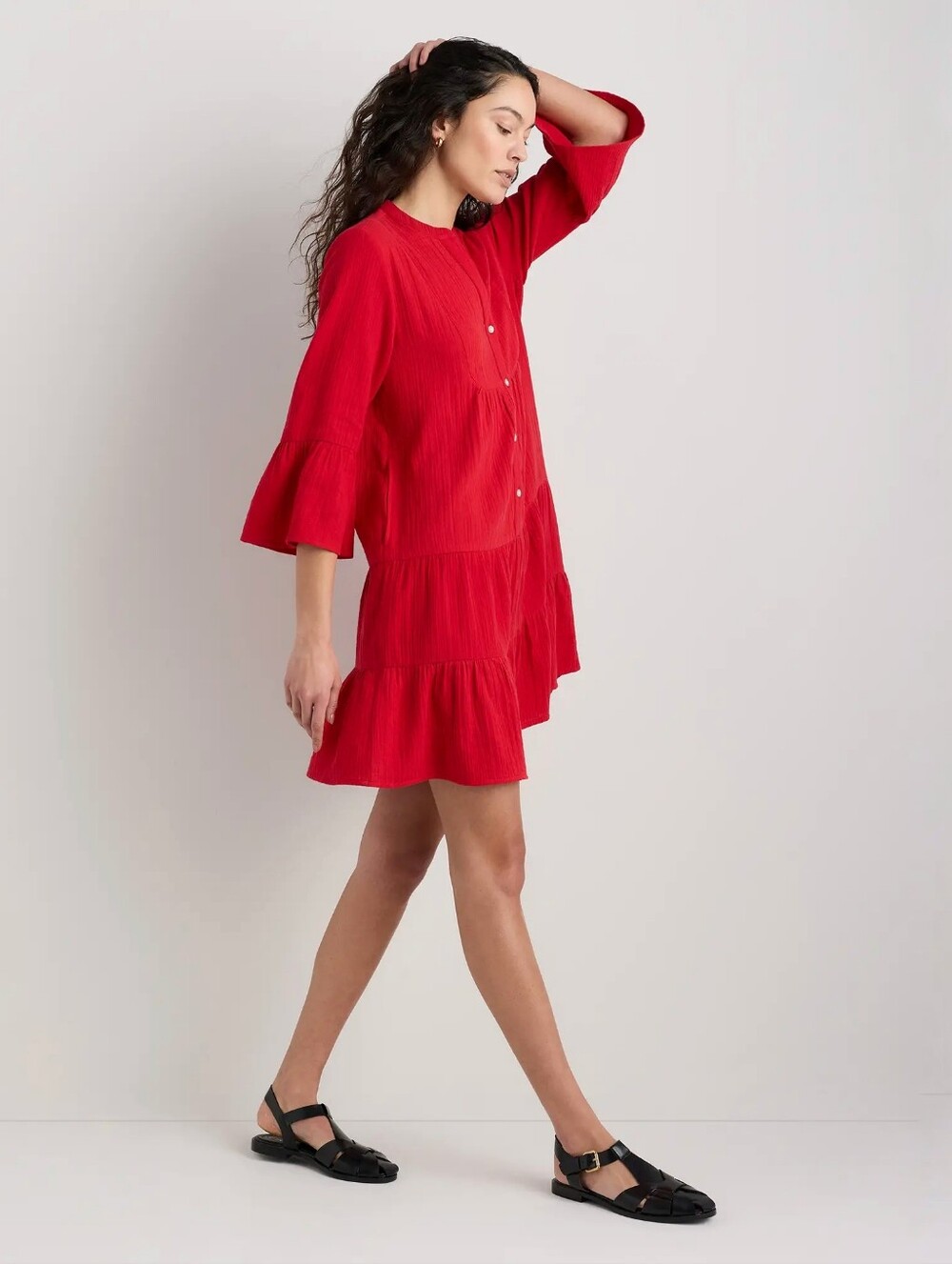 Quince 100% Cotton Gauze Long Sleeve Tiered Mini Dress Wild Cherry womens medium